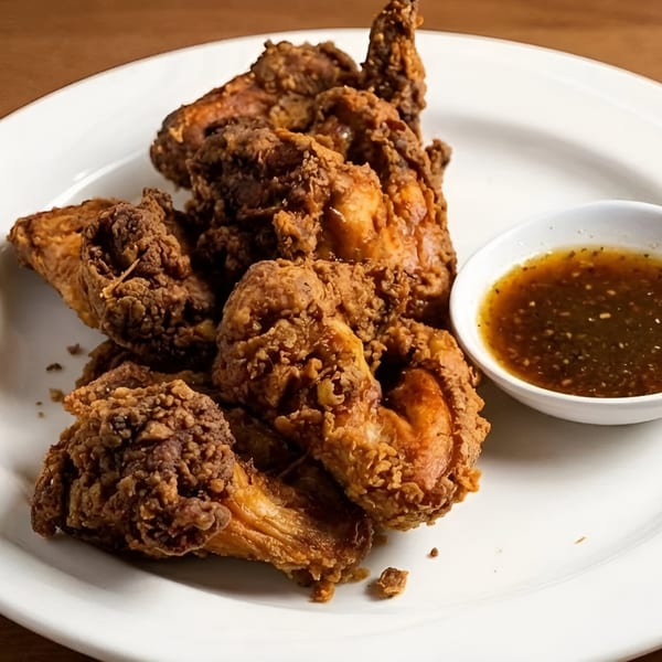 Crispy fried chicken pieces with a side of dipping sauce on a white plate.
