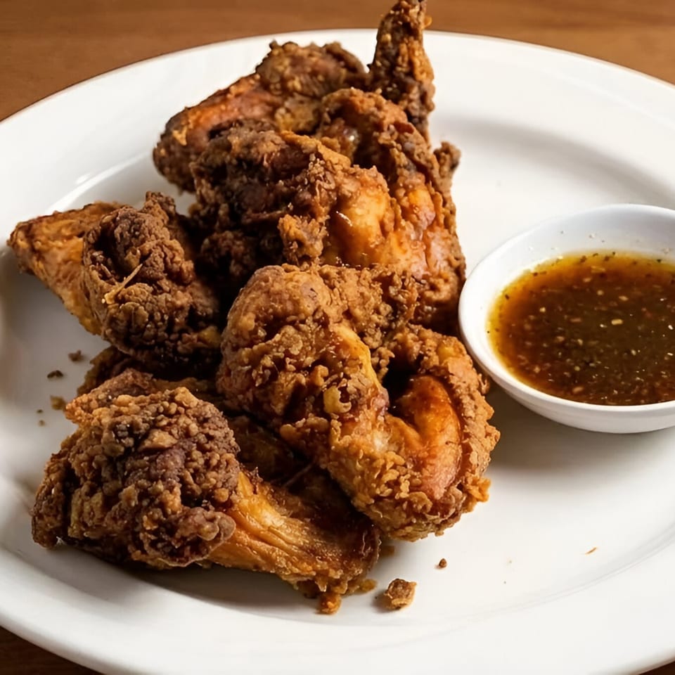 Crispy fried chicken pieces with a side of dipping sauce on a white plate.
